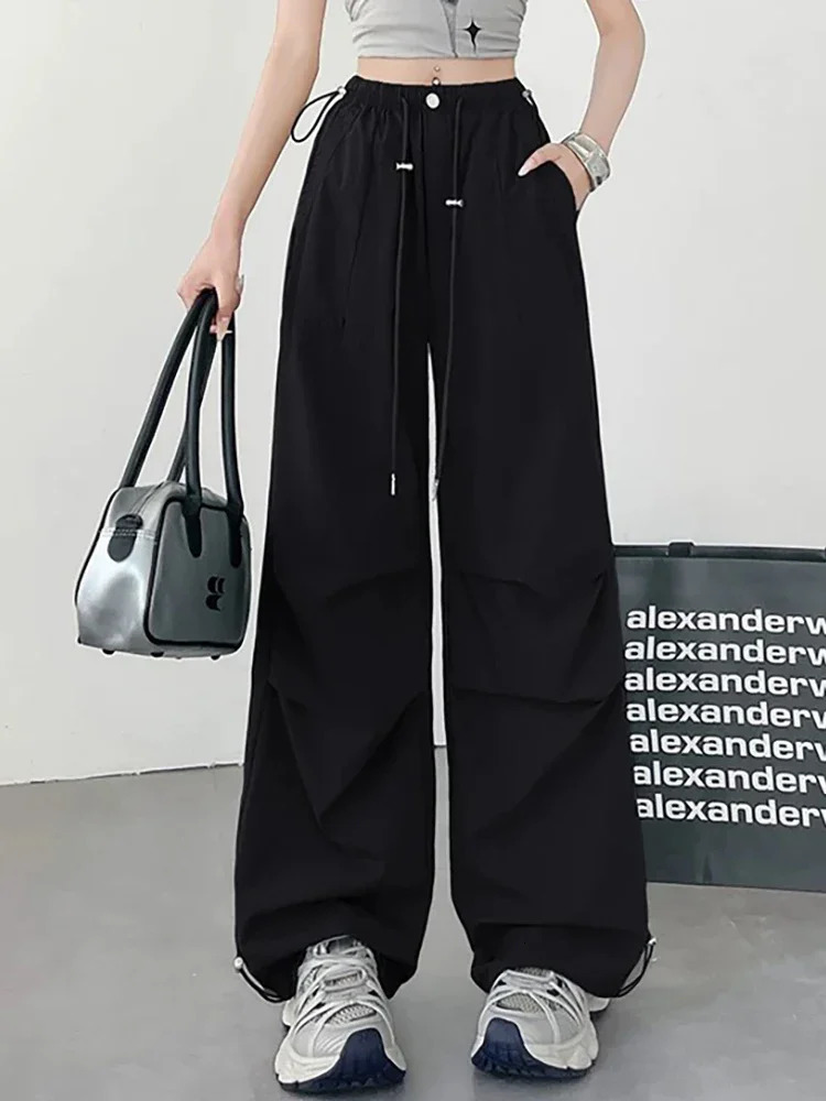 Womens Street Wear Elastic Waist Ice Silk QuickDrying Snug Sports StraightLeg Pants Summer Casual Loose WideLeg Cargo 250506