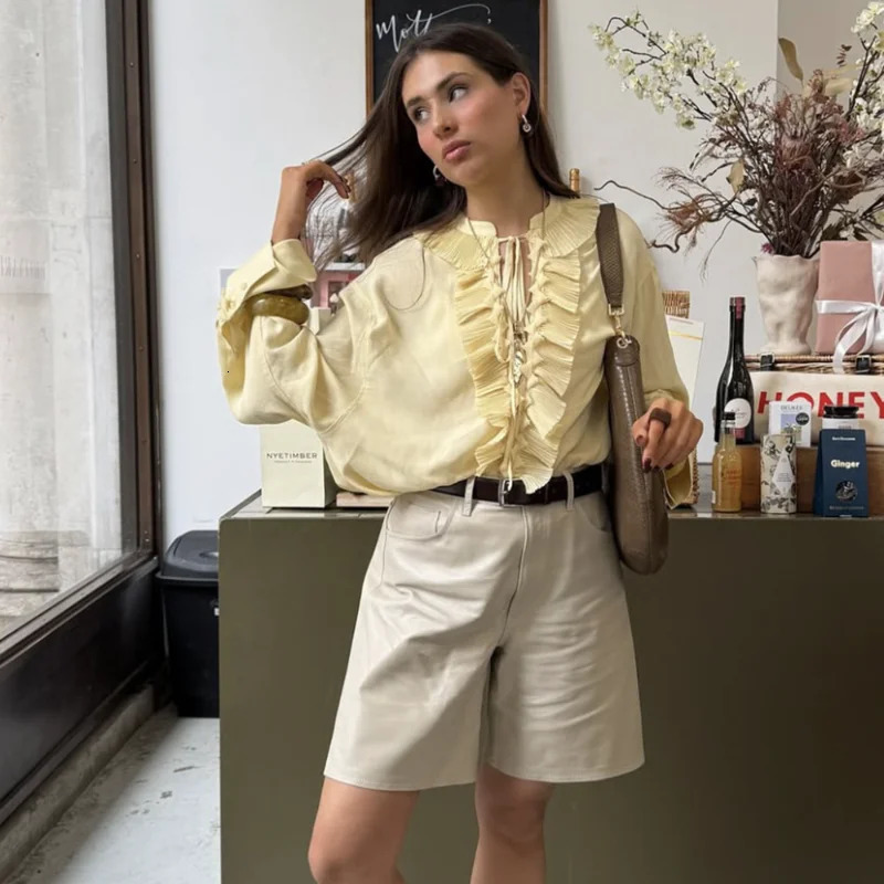 Talenza Casual Chiffon Shirt Women Fashion Pleated Laceup Solid Lace Top Summer Vacation Loose Vintage Elegant Female Blouses 250516Z
