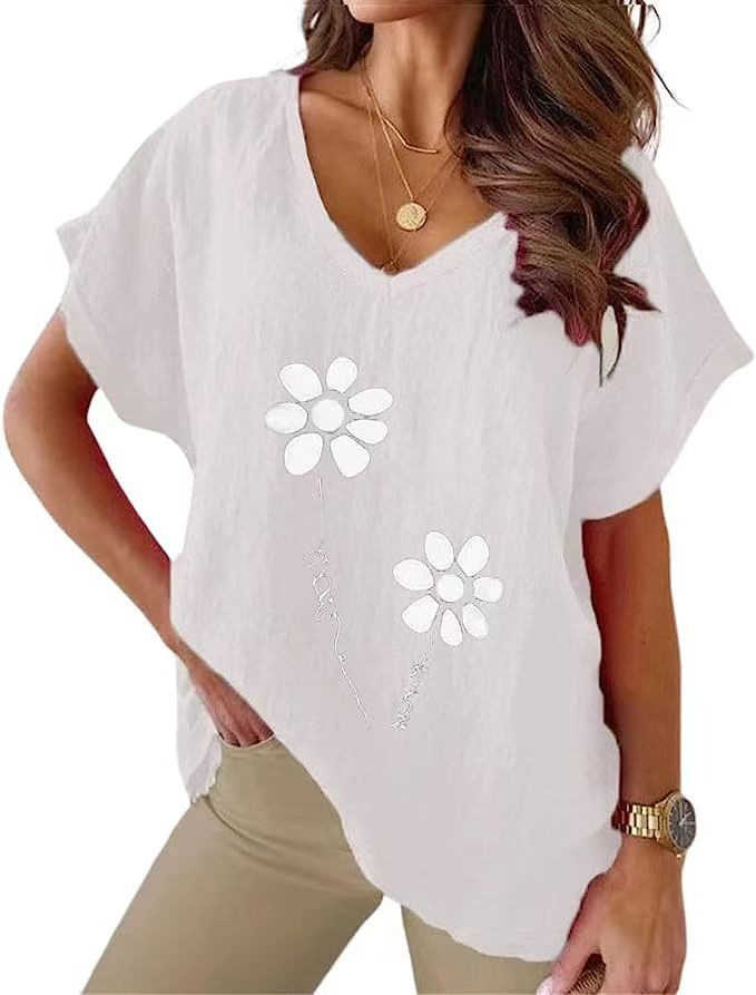 2023 Summer Plus Size Womens Printed V-neck Ice Silk Bamboo Knot Casual Bat Short Sleeved T-shirt
