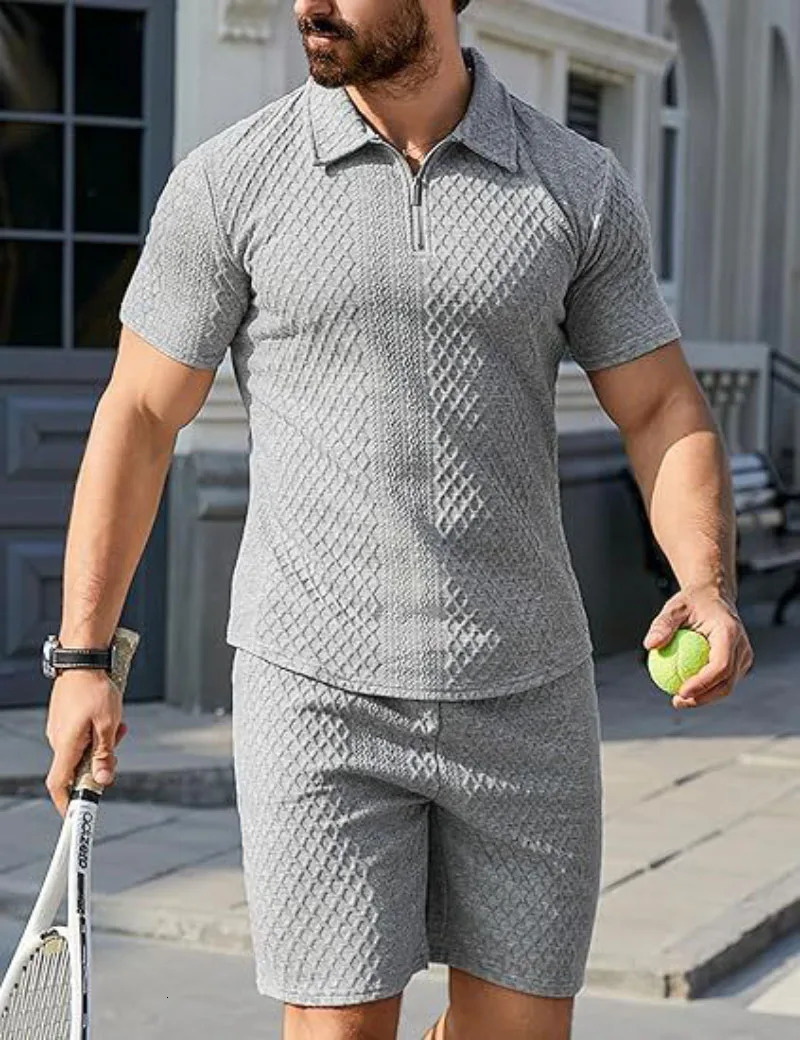 Hawaiian Casual Suit Mens Casual Suit Jacquard Shorts And Lapel Polo Shirt Casual Two-piece Set Breathable And Comfortable 250517