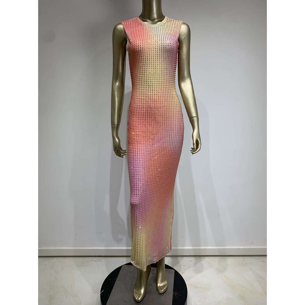 Maxi Dress New Sleeveless Round Neck Hot Diamond Gradient Long Fashion Banquet Party Dress KQ