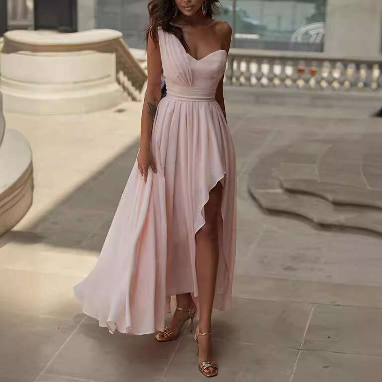 Maxi Dress New Solid Color Chiffon Sloping Shoulder Slim Fit Long Irregular Hem Dress KQ