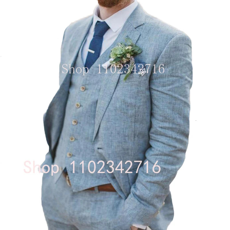 Costume Homme 3 Piece Linen Men Suits Groom Tuxedo for Wedding Groomsman Summer Beach Male Suit JacketPantsVest Terno 250516