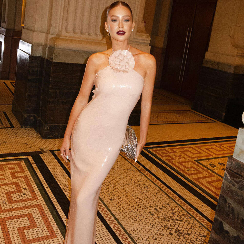 Maxi Dress Summer Evening Gown Fashionable Hanging Neck Apricot White Sequin Dress Elegant Slim Fit Sexy Women S Clothing KQ