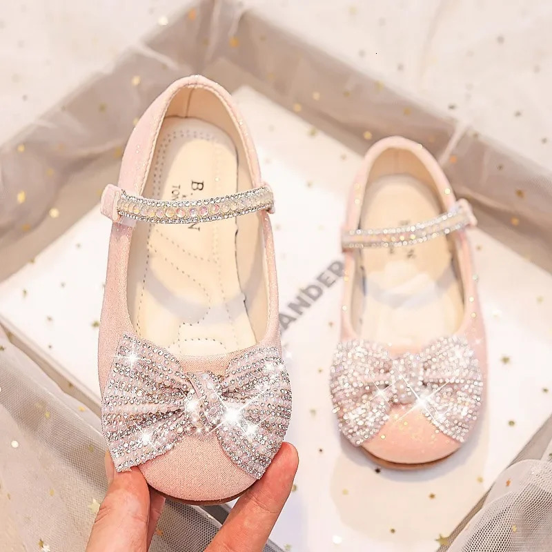 Children Mary Janes for Party Wedding Shows Girls Flats Shiny Rhinestones Bow Round-toe Kids Shoes Non-slip Moccasin Shoes 250517CJ