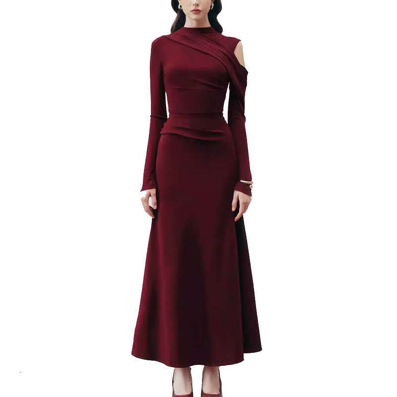 Maxi Dress Long Sleeved Ultra Simple Long Knitted Dress Elegant Temperament Pleated Off Shoulder Slim Fit Women S Clothing Formai Dress