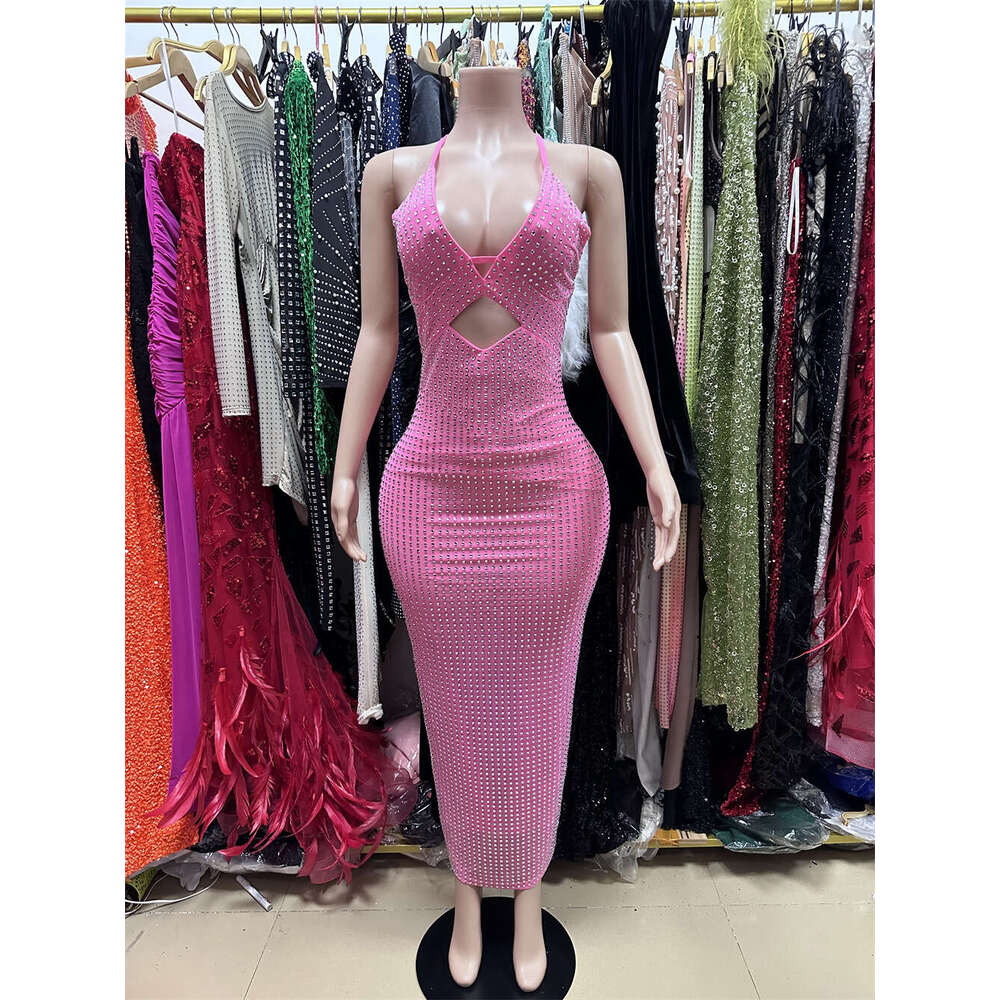 Maxi Dress Heavy Industry Flash Diamond Suspender Hollow Dress Light Luxury Niche Banquet Sexy Birthday Dress KQ