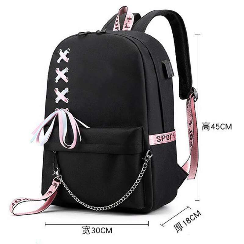 College Students Fashion Trend Travel Backpack USB Charging Laptop Bagpack Black School Bags for Teenager