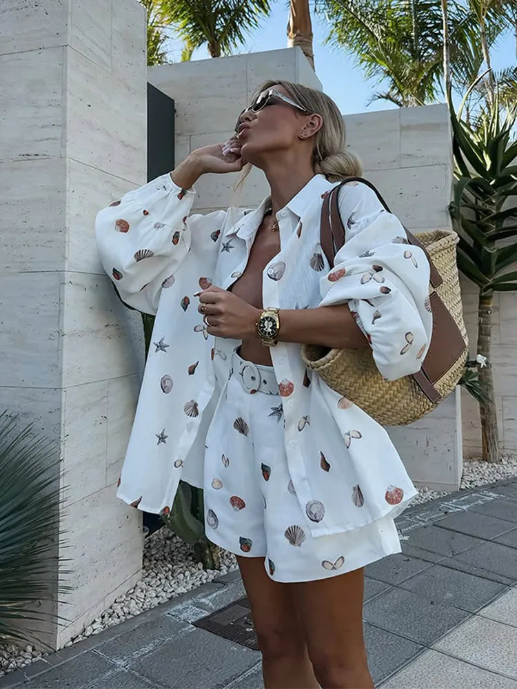Shell Print Shorts Set Women Loose Lapel Lantern Sleeve Single Breasted Shirt Short Pant Summer Beach 2 Pieces Lady Outfit 250517