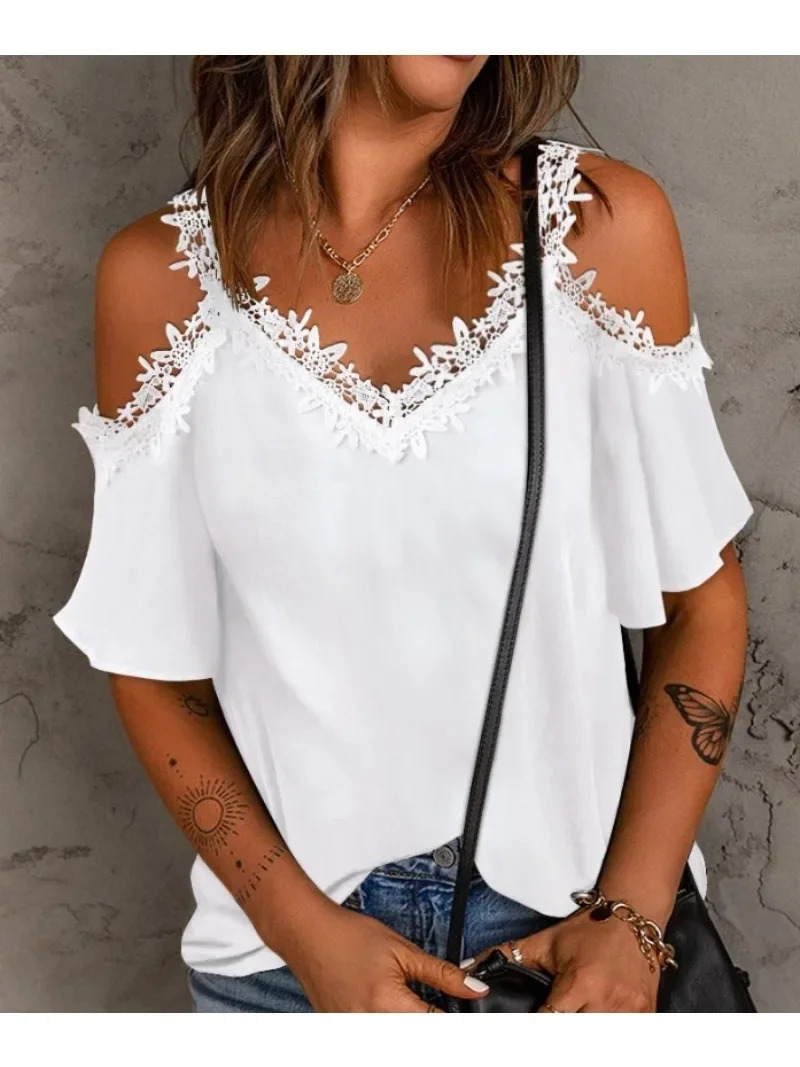 Womens Summer Solid Color Lace Short Sleeve Casual T-shirt Fashion V-neck Short Sleeve Off The Shoulder Sling T-shirt 250517