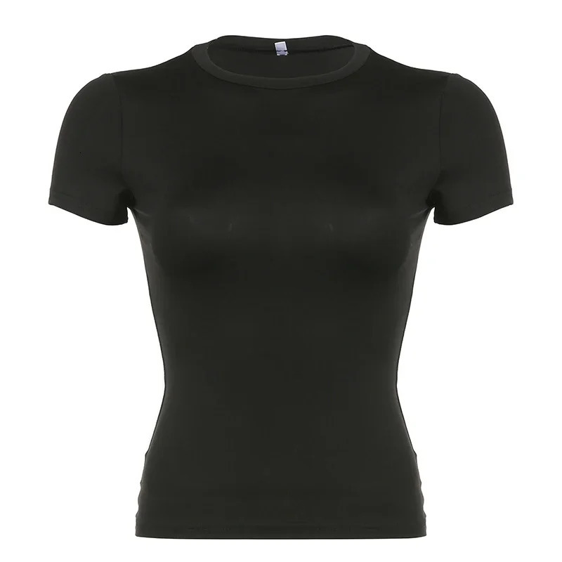 Basic Solid Crop Top Short Sleeve Crewneck Skinny Tshirt Summer Casual Tee for Women Y2K Vintage Harajuku Streetwear 250516Z