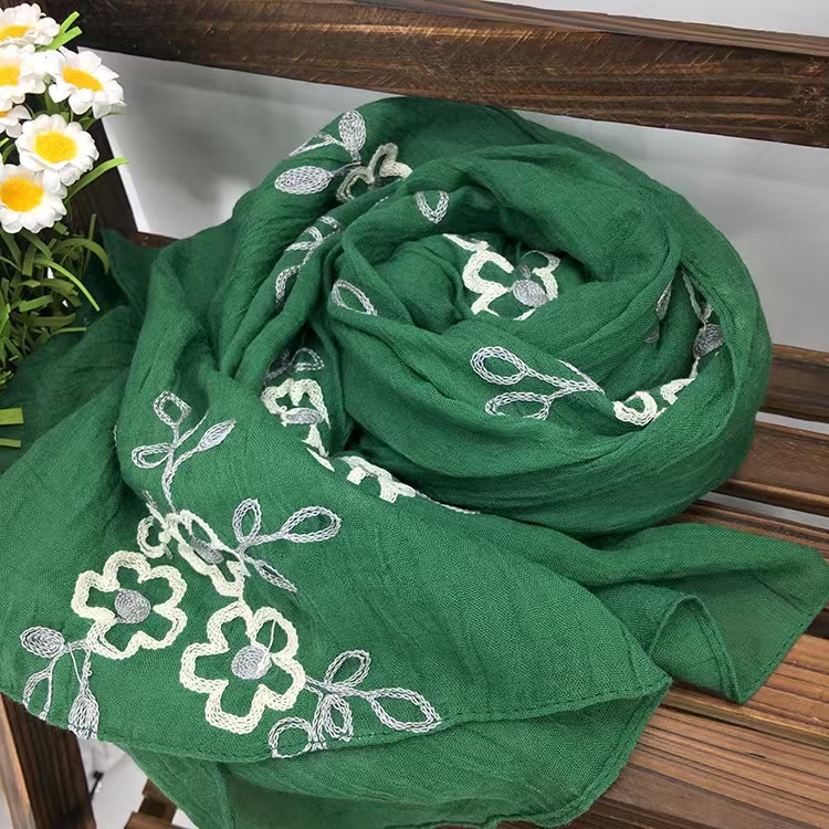T744 Spring and Summer Women's Artistic National Style Shawl Cotton and Linen All-match Long Sunscreen Travel Scarf Dual-purpose Embroidered Line