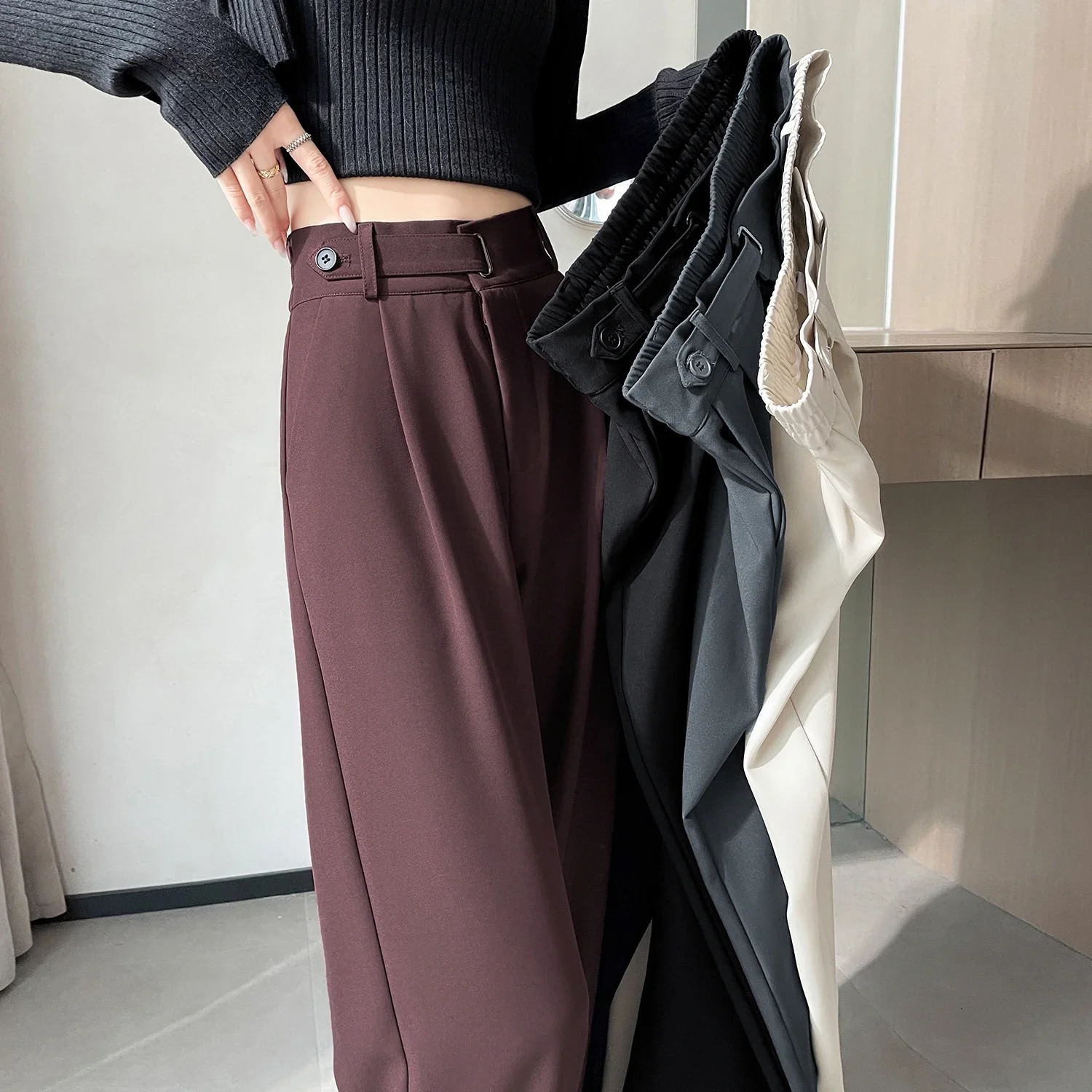 SpringSummer Button Loose Womens Wide Leg Pants High Waist Solid Elegant Straight Casual 250506