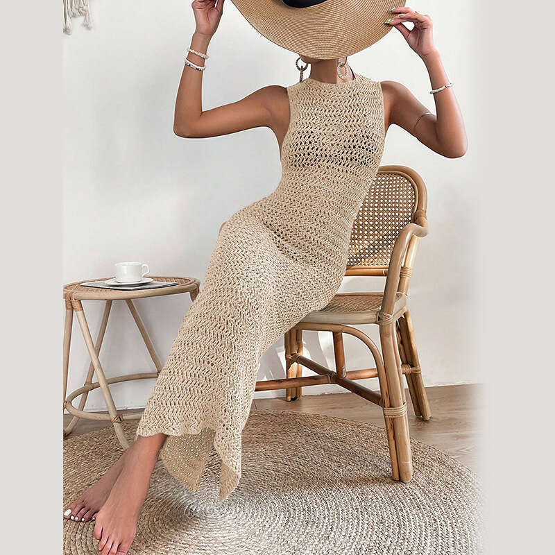 Maxi Dress Seaside Beach Hollow Knitted Long Skirt Strap Bareback Sexy Dress Formai Dress
