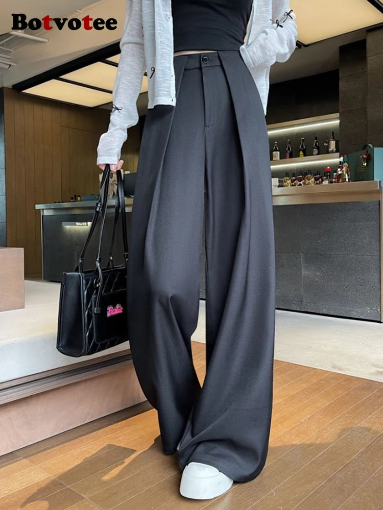 Botvotee womens white suit pants elegant office front pleated dress fashionable wide leg straight black formal mens style 250506