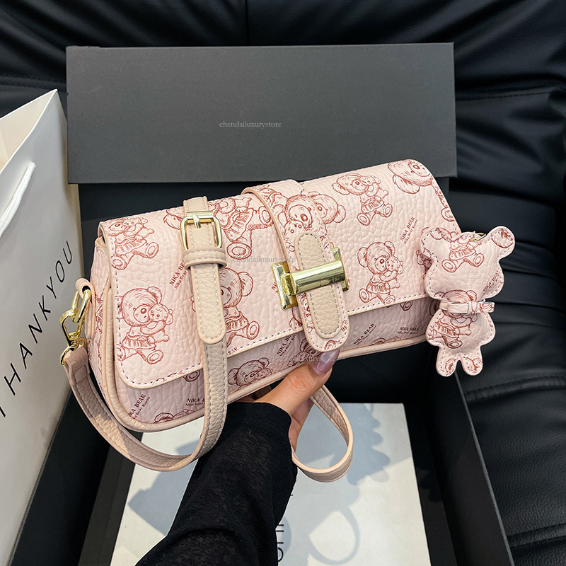 Free Delivery Designer Bag Ladies' Trendy Shoulder Crossbody Bag Korean Style Handbag Fashionable Teddy Bear Print Versatile Armpit Bag Cross Pil