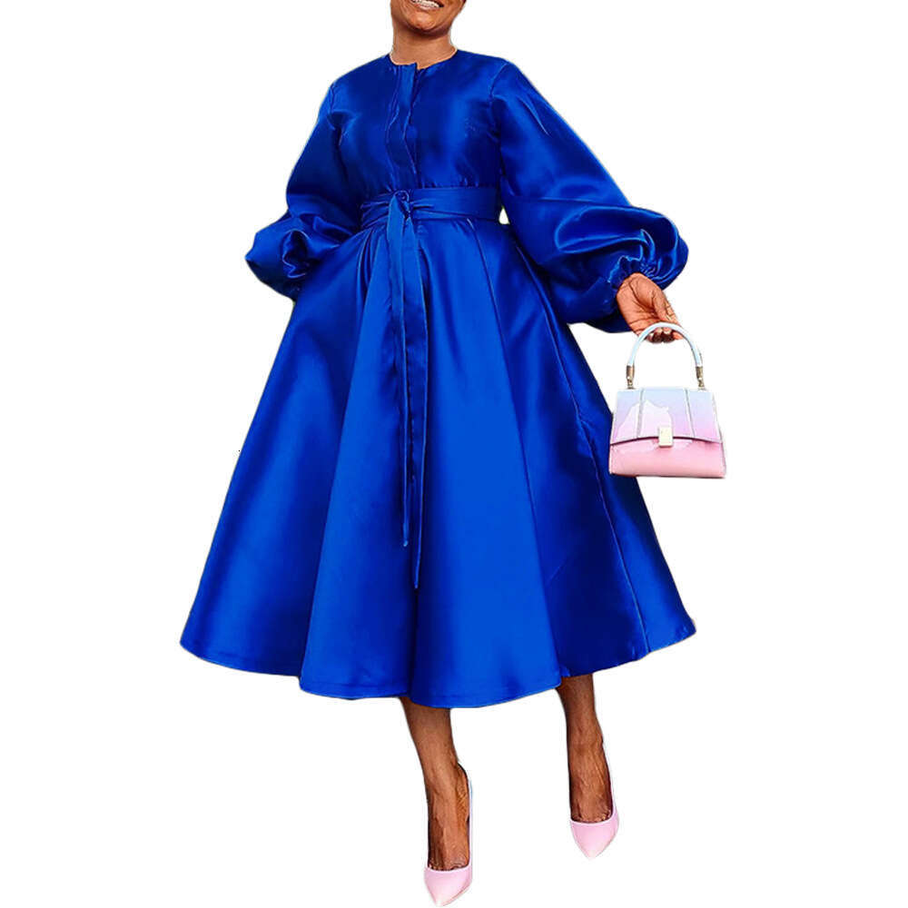 Maxi Dress BN Women S Autumn Winter New Solid Color Bright Face Loose Button Lantern Sleeve Dress KQ