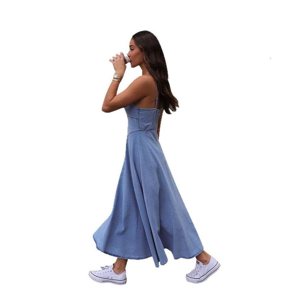 Maxi Dress Spring And Summer New V Neck Camisole Vintage Sexy Style Elastic Denim Long Dress KQ
