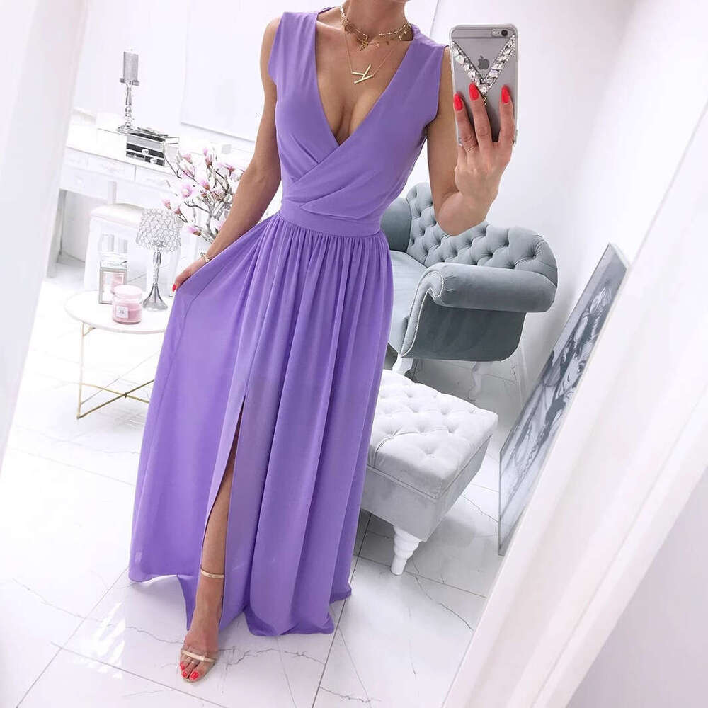 Maxi Dress Summer New Sleeveless Solid V Neck Dress Women S Wear KQ