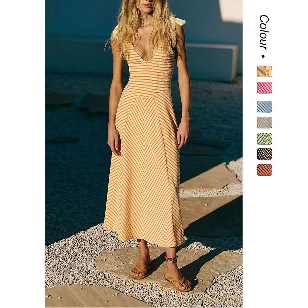 Maxi Dress Year Summer New Women S Vacation Style Backless Lace Up Sexy Low Cut V Neck Dress KQ