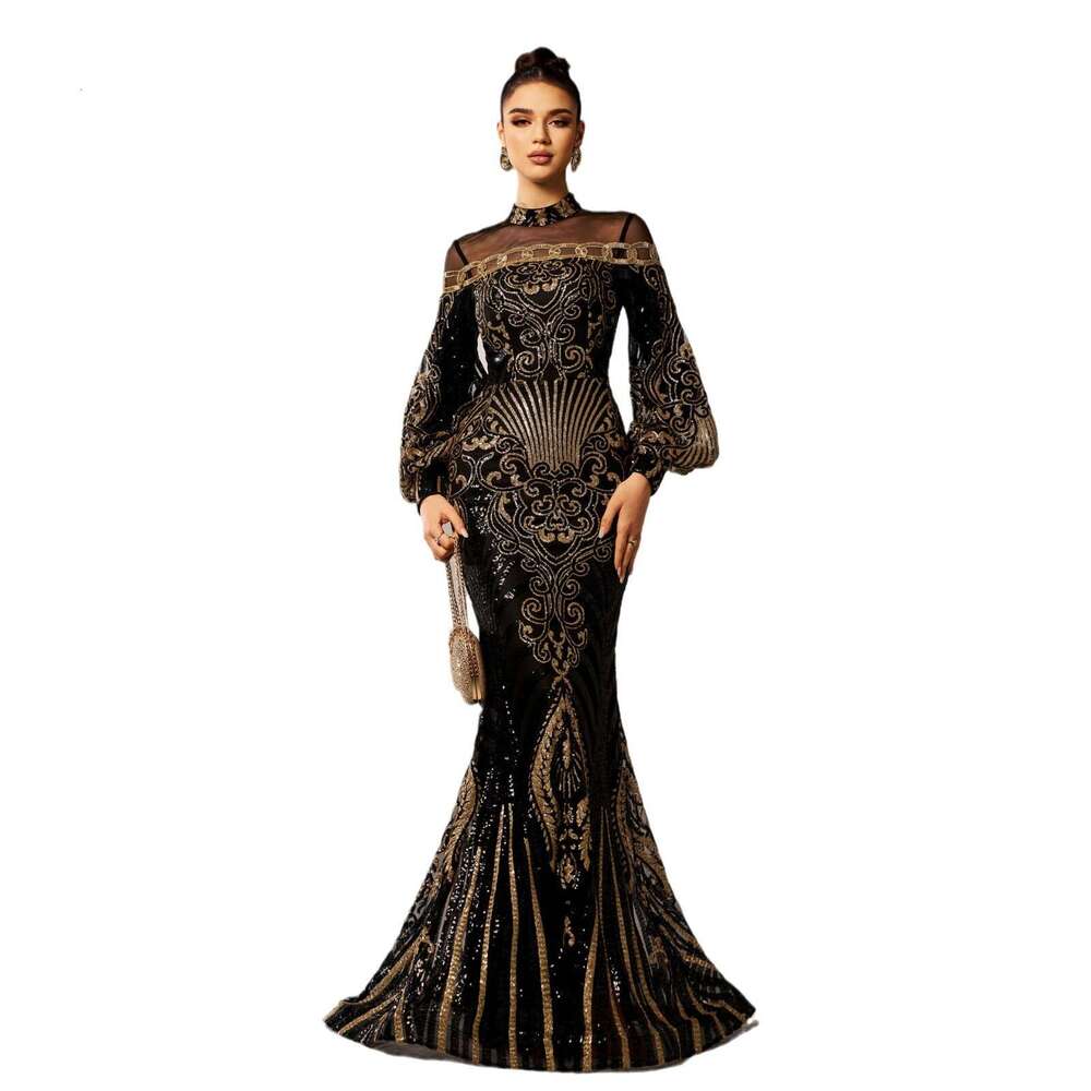 Maxi Dress New Sleeved Round Neck Long Sequined Banquet Mesh Fishtail Evening Bridesmaid Women S Dress KQ