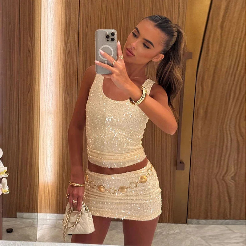 Sexy Sequined A-line Skirts Sets Women Square Collar Sleeveless Sling Top Mini Skirt Spring Summer Lady High Street Outfits 250516