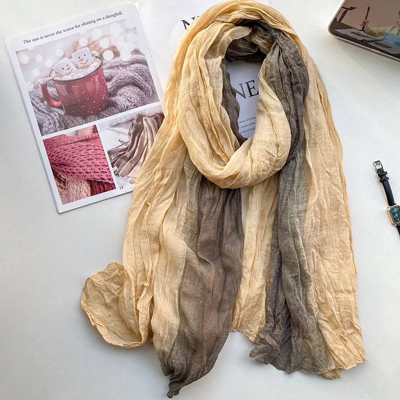 Retro Ethnic Style Cotton and Linen Scarf Women Tie-dye Long Folds Gradual Change Color Shawl Korean Literary Fresh Cotton Silk 250517