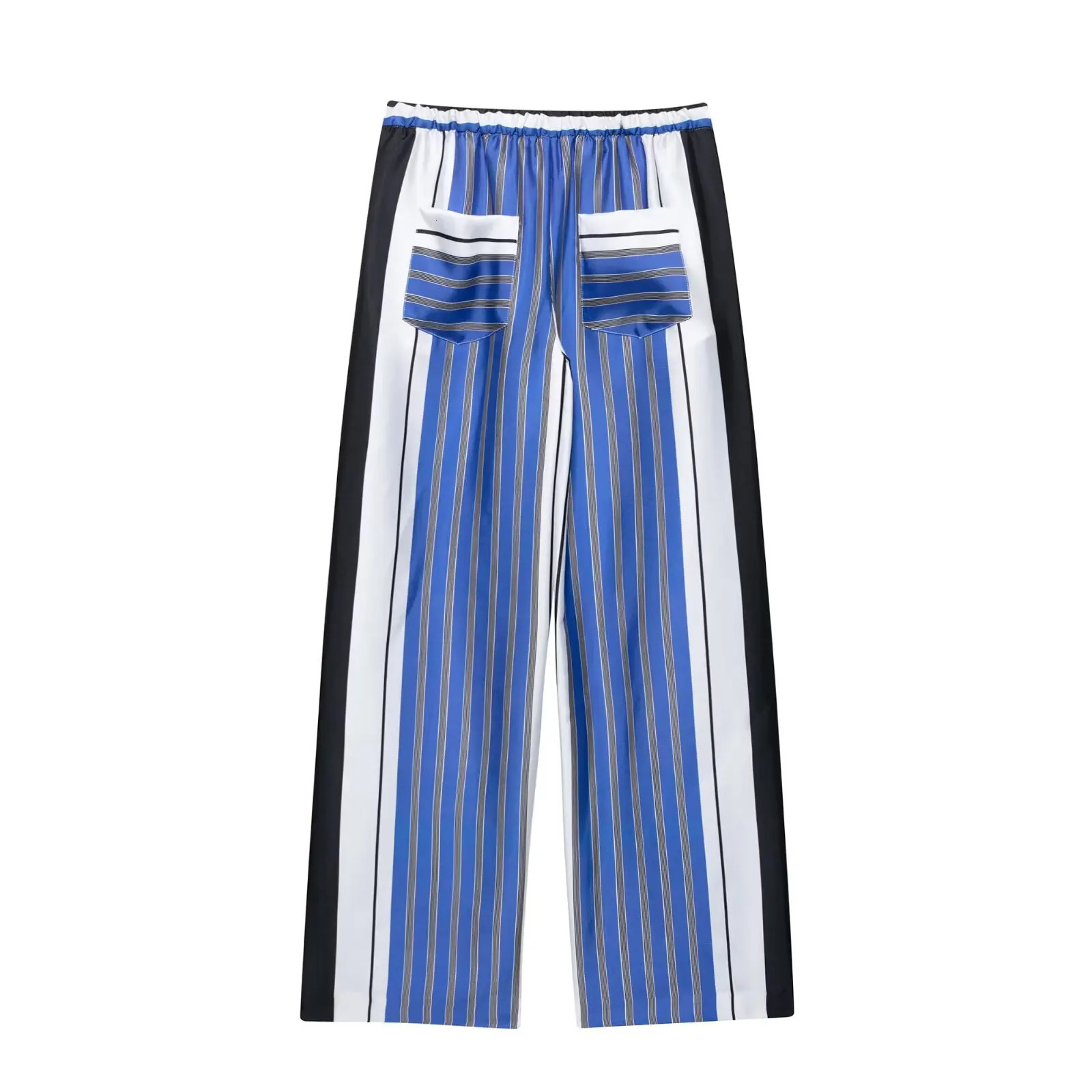 ZEVITY 2025 Women Fashion Color Matching Striped Print Elastic Waist Straight Pants Female Summer Long Trouser P9101 250506