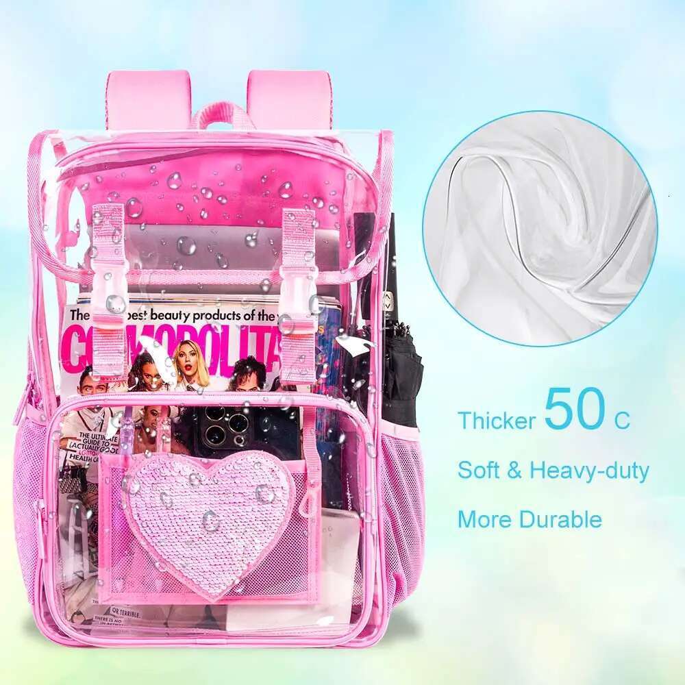 3Psc Clear Backpack, Heavy Duty Transparent Bookbag For Girls Women, Stadium Approved See Through Backpack With Lunch Box (Pink