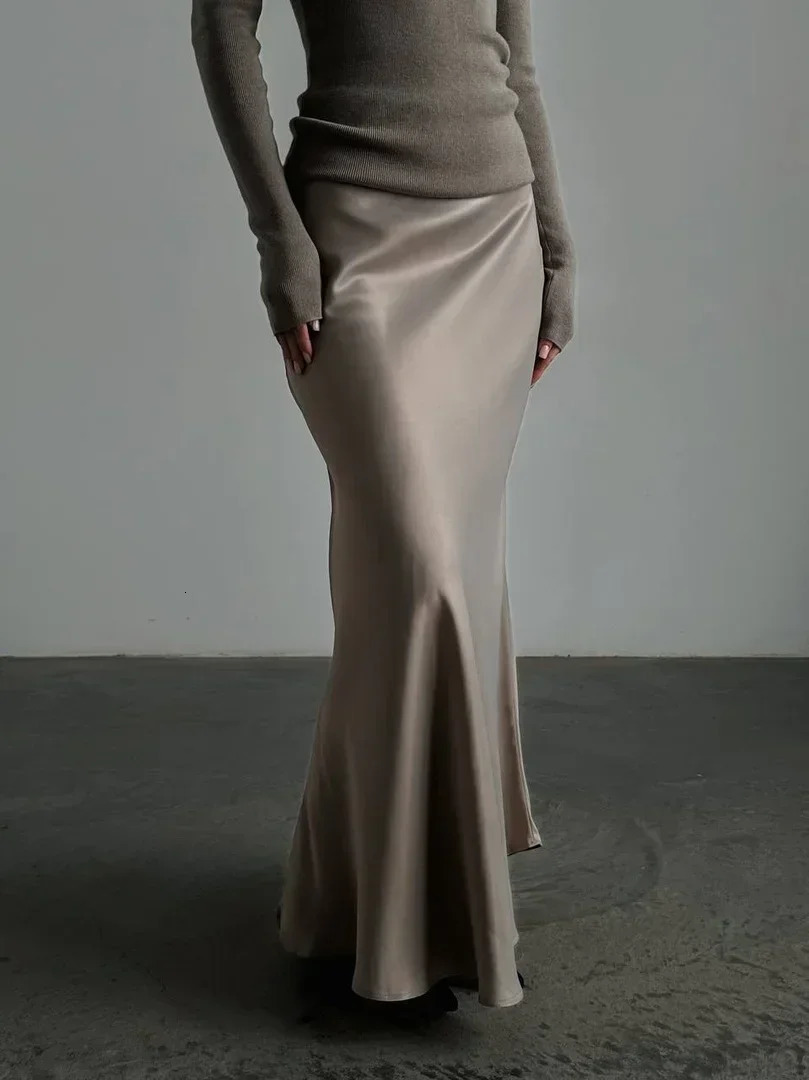 Wolfeel Casual Satin WomenS Skirt Spring Summer Fashion Loose High Waist Maxi Skirts Elegant Simple Slik Fishtail Skirt 250517