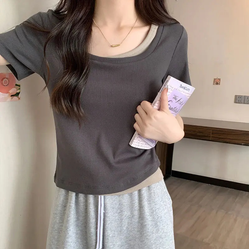 Slim T-shirt for Women for Womens Short-sleeved Summer Two-piece Spliced shoulder Pure Desire Cotton Top 250517