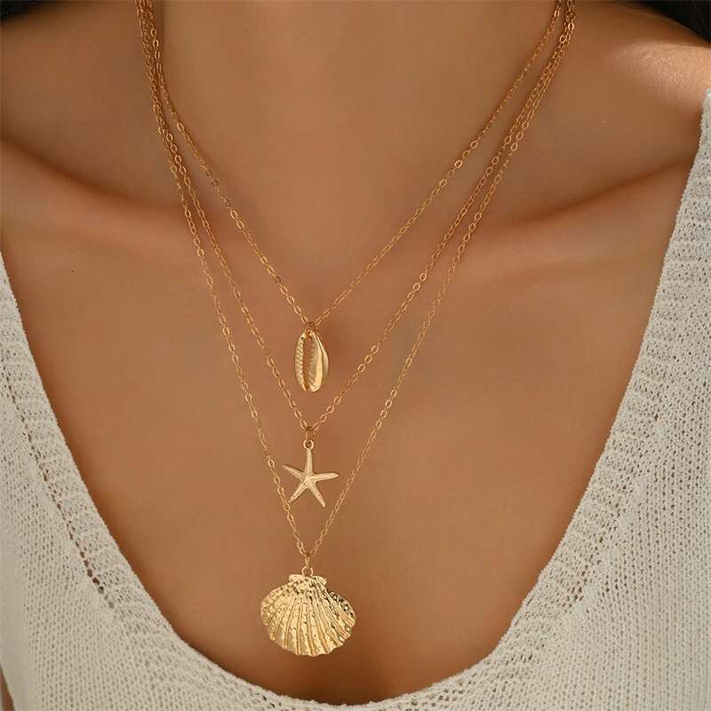 Boho Ocean Series Necklace for Women Gold Color Starfish Shell Pearl Fish Tail Conch Pendant Metal Chain Choker Beach Jewelry