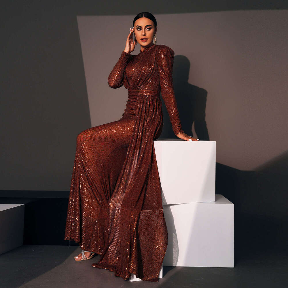 Maxi Dress Evening Gown Sleeved Temperament Round Neck Sexy Slim Fit Long Sequin Banquet Bridesmaid Dress For Women KQ
