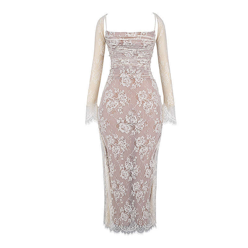 Maxi Dress Lace High End Creamy White Long Dress Mesh Slim Fit Sexy Women S Clothing Formai Dress