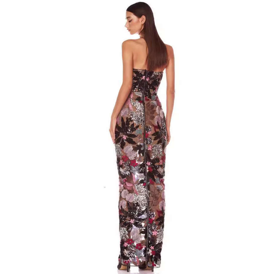 New strapless mesh sequin embroidered print fashionable and elegant slimming women's dress