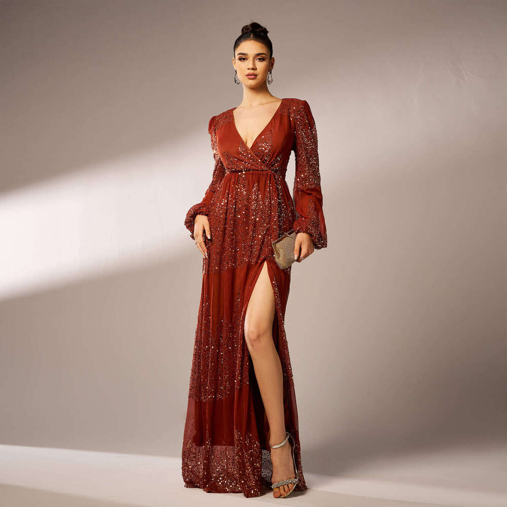 Maxi Dress High End Sleeved Temperament V Neck Sexy Long Sequin Banquet Evening Bridesmaid Women S Dress KQ