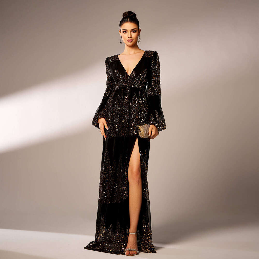 Maxi Dress High End Sleeved Temperament V Neck Sexy Long Sequin Banquet Evening Bridesmaid Women S Dress KQ