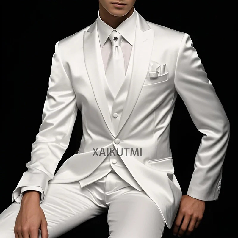 Latest Style White Slim Formal Fit Mens Suit For Wedding Groom Tuxedos 3 Piece Custom Satin Male Fashion Set Jacket Pants Vest 250516