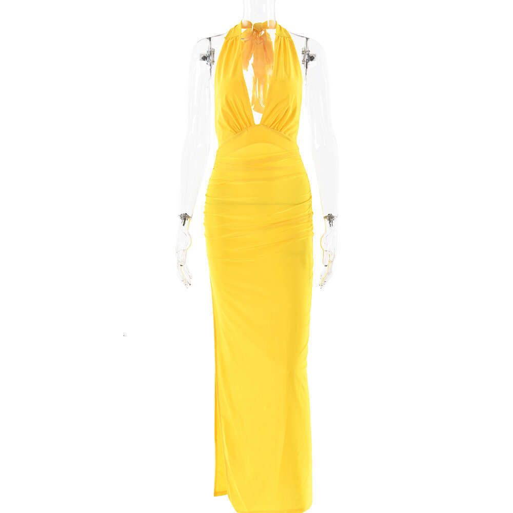 Maxi Dress Ins Style Summer New Sexy V Neck Hanging Neck Backless Long Skirt Solid Color Slit Dress Formai Dress