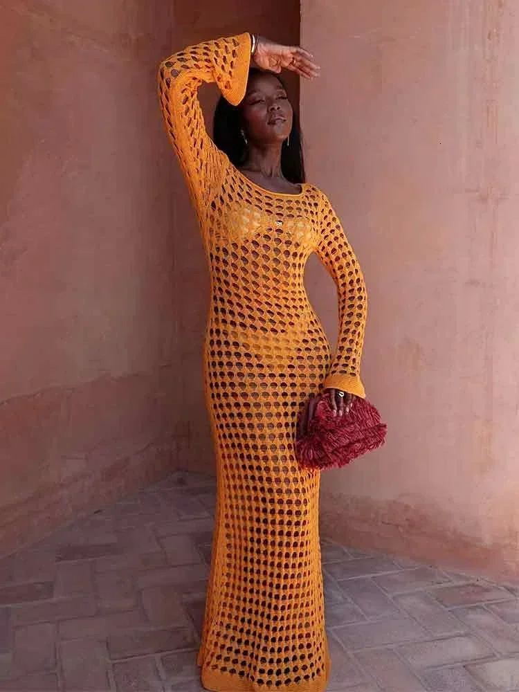 Sexy Cut Out Bell Sleeve Solid Knit Crochet Beach Maxi Dress Women Summer Chic Swimsuit Cover Up Elegant Party Outfit K23 250517