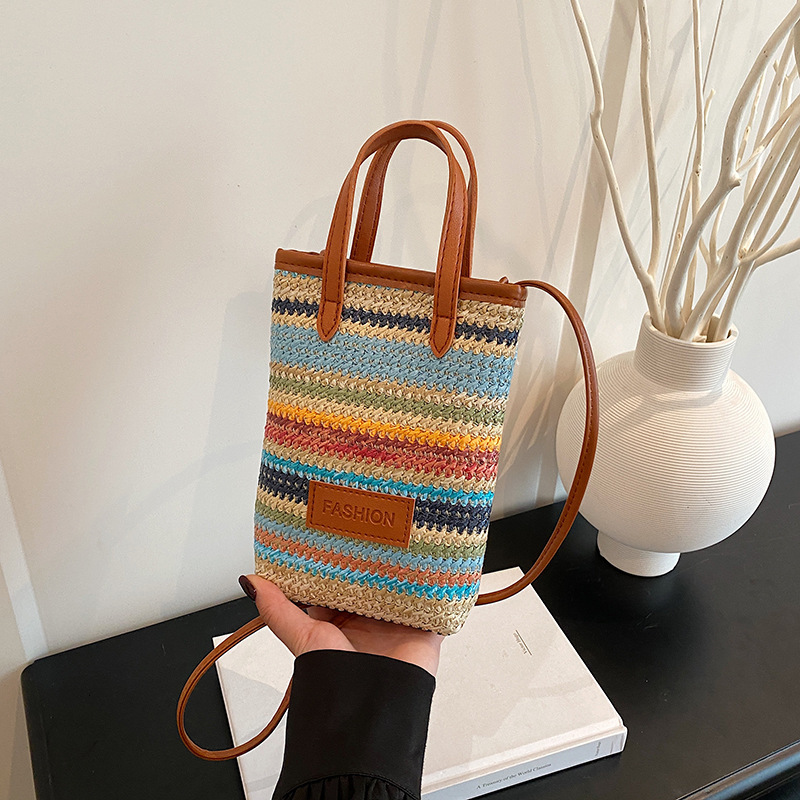 Free Delivery Designer Bag Korean Version Color Striped New 2025 Girls' Spring And Summer Trend Fashion Woven Single Shoulder Crossbody Mobile Ph