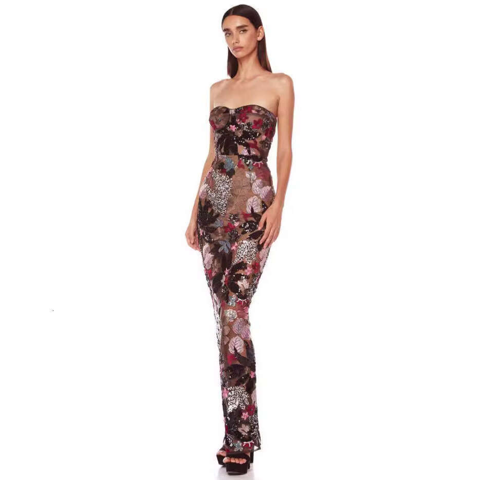 New strapless mesh sequin embroidered print fashionable and elegant slimming women's dress
