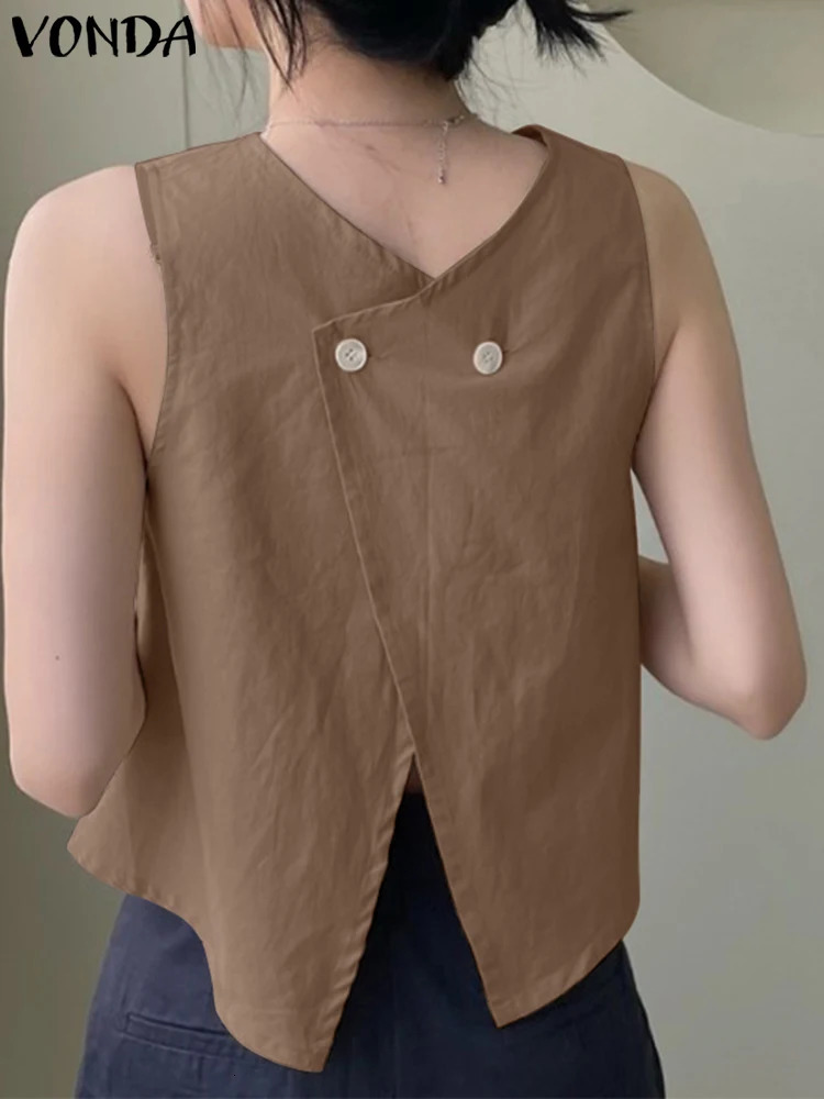 VONDA Vintage Shirt Sleeveless Both Side Wear Tops 2025 Casual Loose Buttons Top Summer Blouse Solid Color Blusas 250516Z