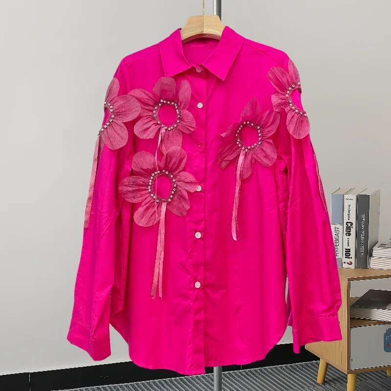 ,New,European,Clothes,Loose,Blouse,Sexy,Cardigan,Vintage single,Breasted,3D flower,Women,Shirt,Long Sleeve,Casual,Tops,41269