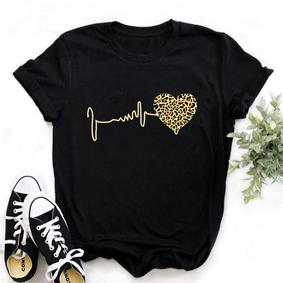 Summer 90 s Leopard Heartbeat Short Sleeve Print Clothing Womens T-Shirt Harajuku Graphic Clothing Womens TopDrop Ship 250517