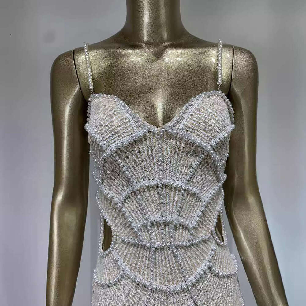 Maxi Dress New White Pearl Sequin With Fashionable Cut Out Party Dress KQ