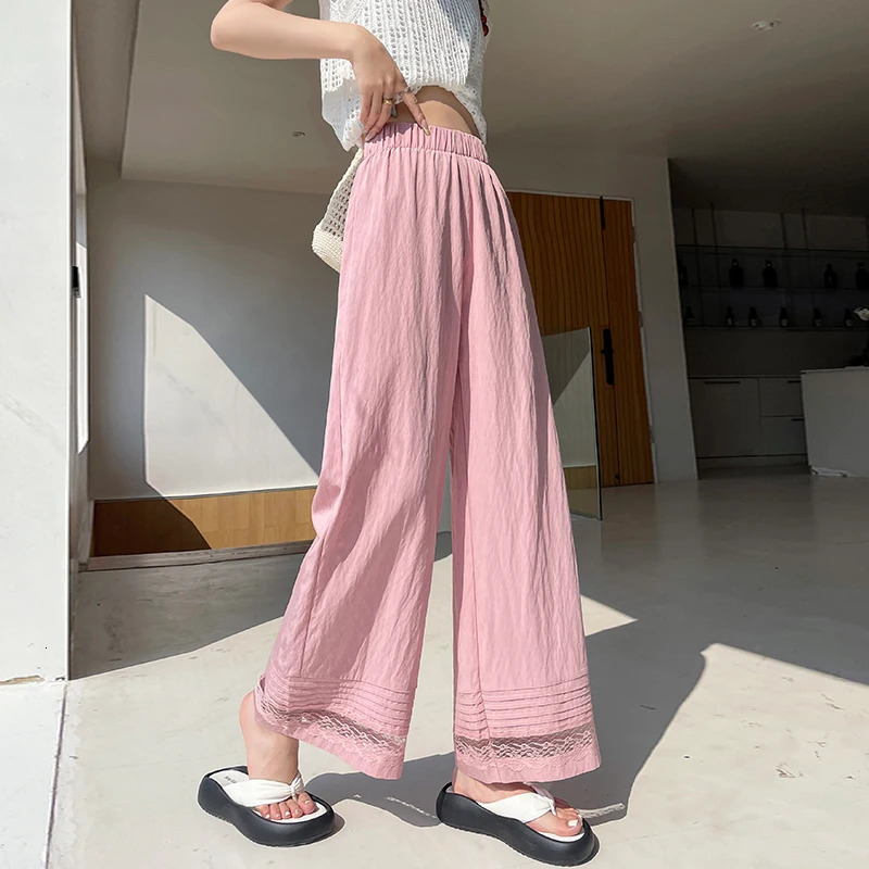 Spring and summer lace patch work womens wide leg ankle pants 2025 high waisted elegant straight loose 250506