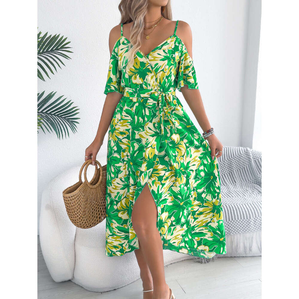 Maxi Dress Spring And Summer Off Shoulder Cross V Neck Floral Suspender Long Vacation Dress Women S Clothing Formai Dress