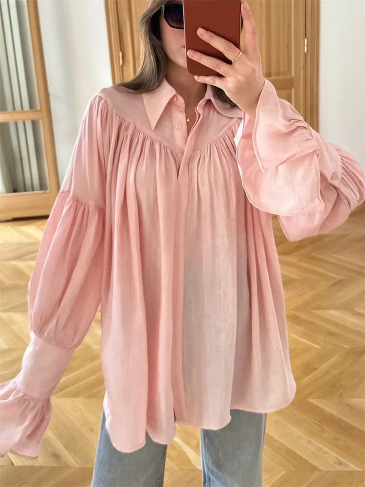 Tossy Summer Ruffled Loose Shirts Cardigan For Women Lapel Long Sleeve Casual Solid SeeThrough Blouse Female Pleated 250516Z