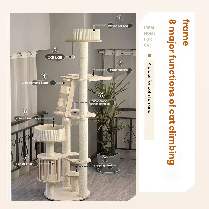 Cat Tree Eco-Friendly Solid Timber Multi-Level Large Cat Tree Tower Tall With Litter Box Enclosure Sturdy Cat Condo Perfect Playground, High 63.41 Inc